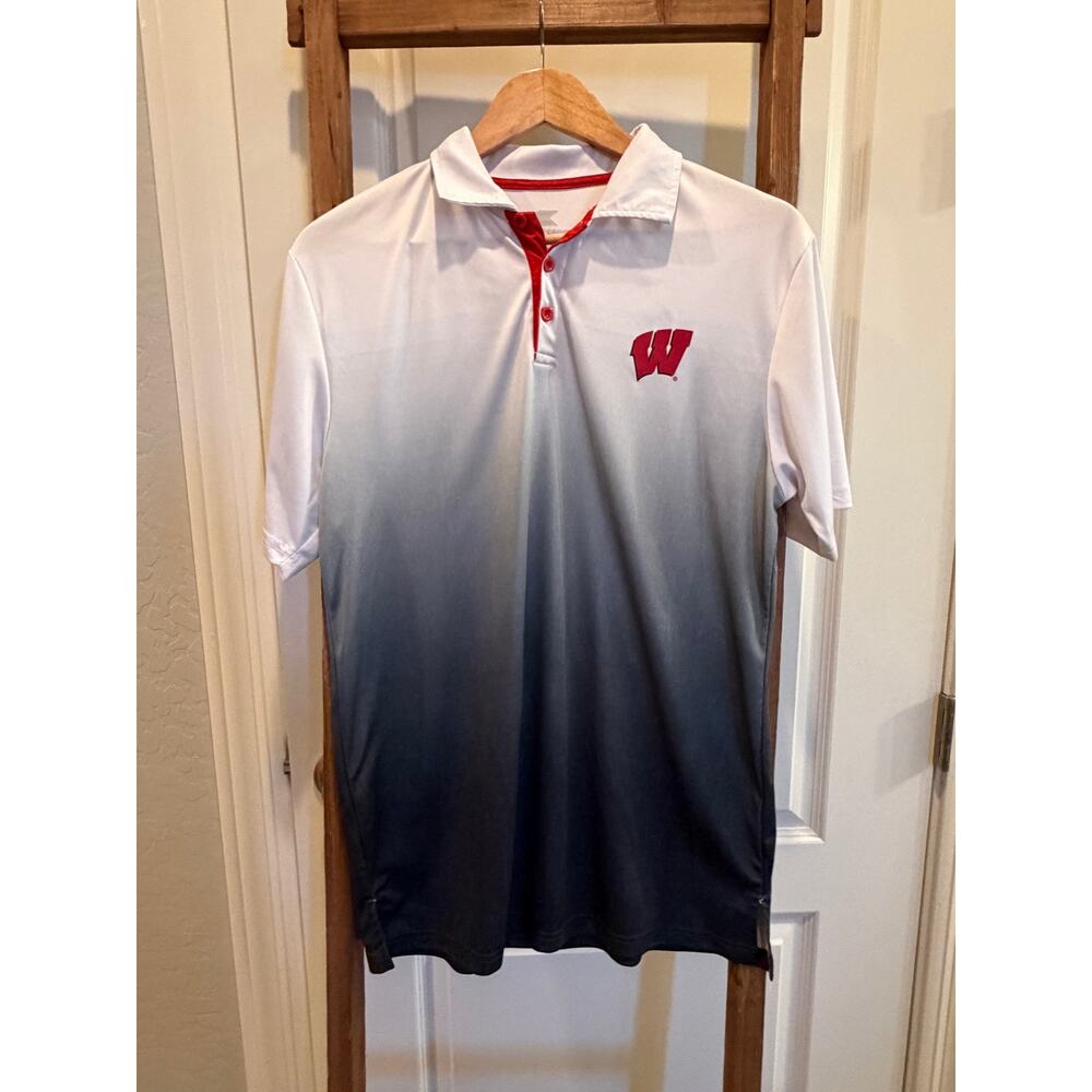 Wisconsin Badgers Polo Shirt Men’s Medium Colosseum White Gray Ombre Performance